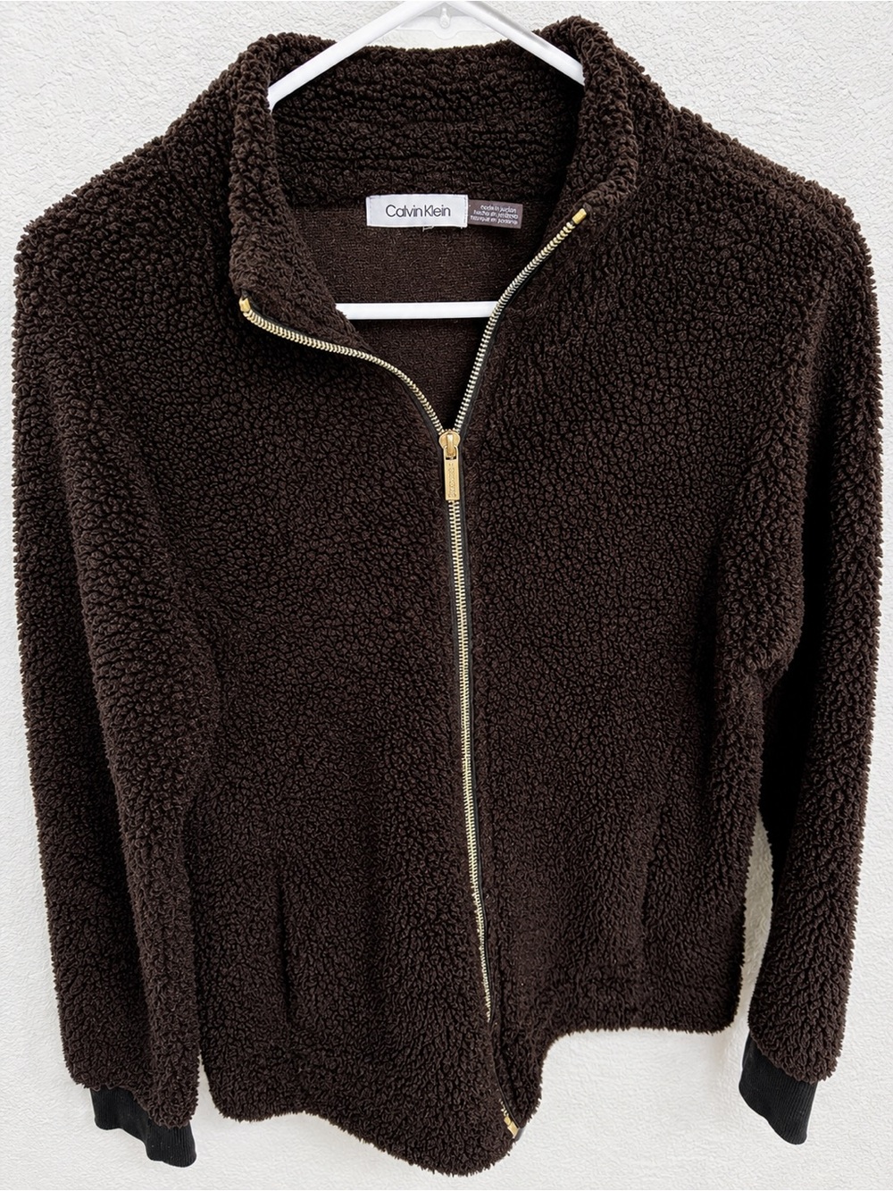 Calvin Klein Dark Brown Sherpa Jacket with Gold-Tone Zip